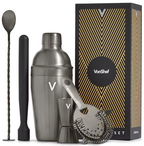 VonShef Cocktail Shaker Set, Graphite 5pc Set with 550ml Manhattan Cocktail Shaker, Professional Bartender Set for Home Bar, Including Strainer, Muddler & Other Bar Accessories, Gift Box Included