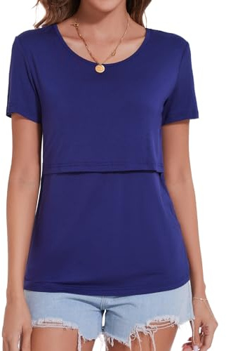 Sosolism Dam amningsskjorta kortärmade amningstoppar enfärgad amningskläder sommar basic mammamode T-shirts, Mörkblå, L