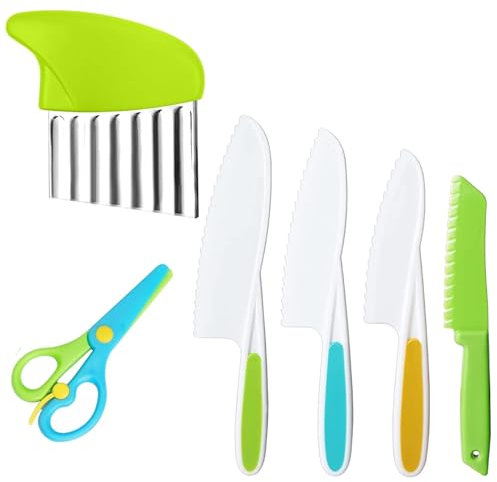 Hmfmdy Set di 6 coltelli da cucina per bambini, coltello da cucina di sicurezza a partire dai 2 anni, set da cucina per bambini per tagliare con coltello, forbici