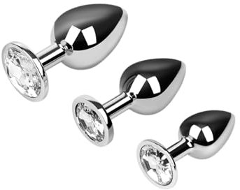 EIS, Dildo, Analplug-Set aus Aluminium, 3-teilig, breite Basis, Kristallverzierung, Aluminium, Anal-Training
