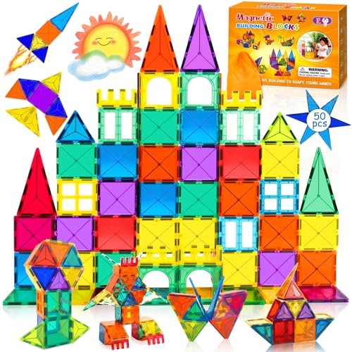 SaiXuan Magnetische Bausteine 50 Stück, Magnetspielzeug Kinder ab 3 4 5 Jahre, Montessori Konstruktionsspielzeug mit Aufbewahrungstasche, Lernspielzeug Geschenk Junge Mädchen