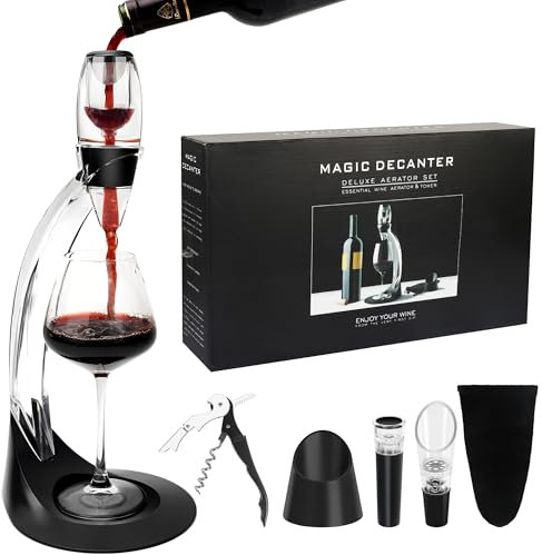 AUROAY Set de Aireador para Vino Tinto Oxigenador Decantador de Vino Rapido Mágico Aireador Instantáneo Juego de Decantador de Vino con 2 Soporte, Sacacorcho,Vertedor,Tapón Vacío y Bolsa de Almacenaje