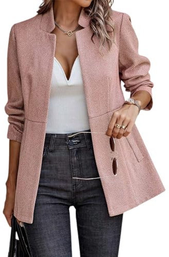 FM2018XSL Giacca da Ufficio a Maniche Lunghe da Donna Casual Blazer da Donna con Tasche Elegante Cappotto con Colletto Ritagliato(S=Taglia M,Rosa)