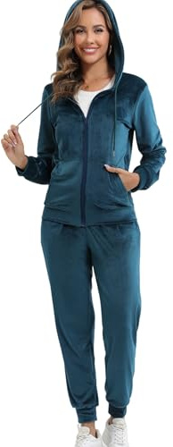 Enjyam Damträningsdress i velour, mysig Nicki-hemmadress, tvådelad joggingdress i mjuk sammet med ribbad jacka med dragkedja och byxor med ficka