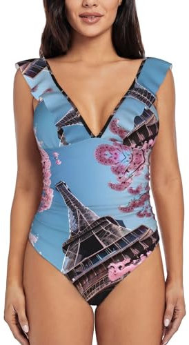 Peinture à l'huile Paris Tour Eiffel Imprimer Maillot de bain élégant Femme 1 pièce Maillot de bain col en V Volant Design avec coussinets amovibles, noir, Taille L