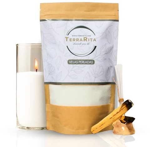 TerraRita – Kit para hacer velas de arena. | Kit velas perladas | Cera natural de origen vegetal | Sin parafina | Velas blancas sin necesidad de fundir ni tóxicos | Palo Santo de regalo (500g)