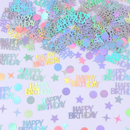 280 Pcs Happy Birthday Confetti, Glitter Happy Birthday Table Decorations, Iridescent Cake Confetti, Circle Star Letters Shape Iridescent Party Decorations, for Party, Baby Shower, DIY Arts Crafting