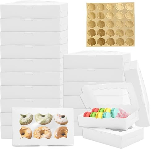 VOSSOT Kekförpackning set 20 lådor med visningsfönster – vit kartong med guld hjärta klistermärken för cupcakes, choklad, makroner, kakor – presentförpackning till jul, födelsedag, fest, semester