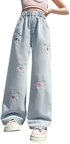 Flared Jeans Mädchen Schlagjeans High Waist Flared Denim Hose Baggy Weites Bein Jeans Kinder Jeanshose Strech Schlaghose Bell Bottom Jazz Pants mit Schlag Kinderbekleidung (Dark Blue, 9-10 Years)