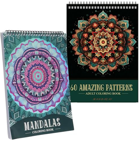 WakiHong 2 PCS Libros para Colorear para Adultos Libros de Colorear Mandala para Adultos 120 Páginas libros para colorear mandala, Patrones de Mindfulness en Estilo Mandala, Encuadernación en Espiral