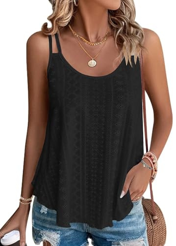 WNEEDU Summer Tops for Women UK Loose Fit Cami Vest Top Eyelet Cami Top