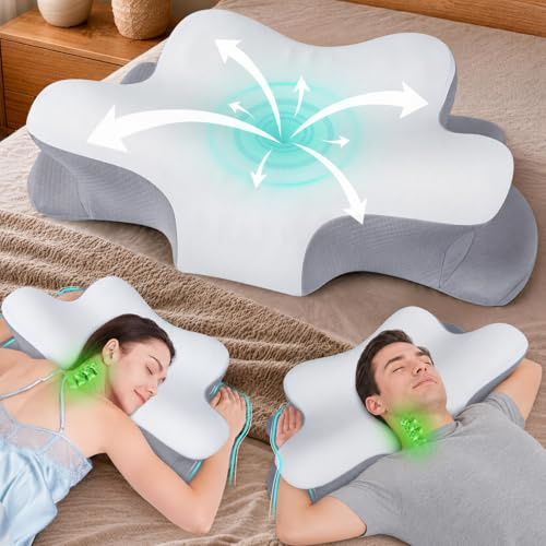 Hypuno Orthopädisches Nackenstützkissen gegen Nackenschmerzen, Ergonomisches Memory Foam Kopfkissen, Höhenverstellbares Schmetterlingskissen mit kühlendem Bezug für Seiten-, Kissen-Vorlagen