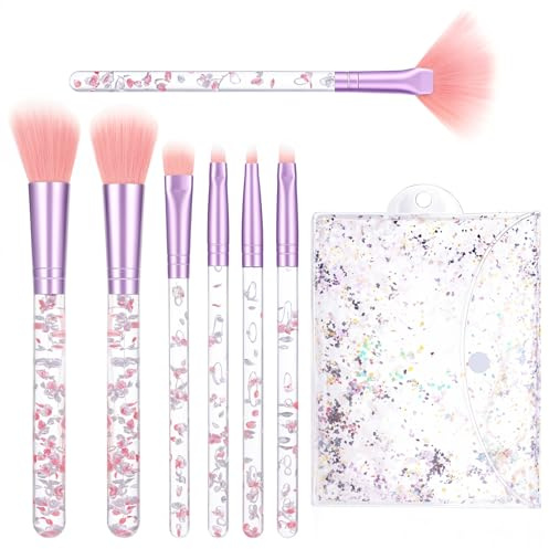 HJZHII Lot de 7 pinceaux de maquillage roses brillants en cristal - Pinceaux de maquillage professionnels - Pinceaux de mélange mignons - Pour poudre à lèvres, fard à paupières, sourcils, yeux - Avec