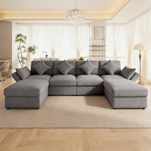 Yihomfy 284 cm canapé d'angle Convertible, canapé modulable en U/L,canape modulable avec 2 poufs et accoudoirs réglables,6 Coussins, canapé 4-6 Places,canapé d'angle modulable pour Salon,Gris