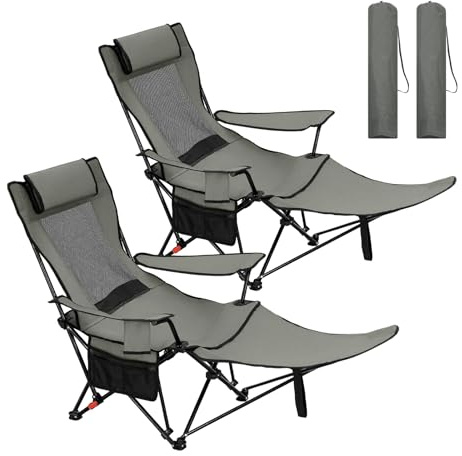 WOLTU Campingstuhl Faltbar 2er Set mit Fußablage, 3 Positionen Verstellbar, mit Getränkehalter Seitentasche, bis 150 kg belastbar, für Camping Angeln Picknicks Strand,Grau