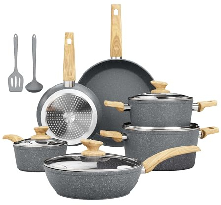 Kitchen Academy 12 Pièces Lot Poêle et Casserole Batterie Induction Grises | Antiadhésive en Granite Batterie de Cuisine Tout Feux, 100% Sain et Sans PFOA ni PFOS, Facile à Nettoyer
