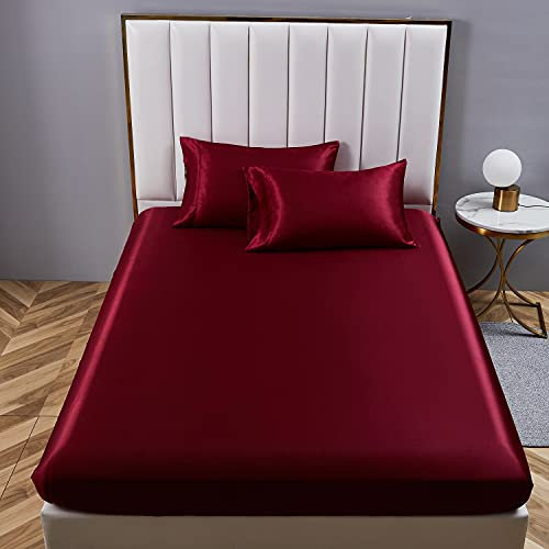 Boqingzhu Satin Spannbettlaken 90x200cm Rot Weinrot Uni Seide Spannbetttuch Microfaser Bettlaken für bis 30cm Matraze