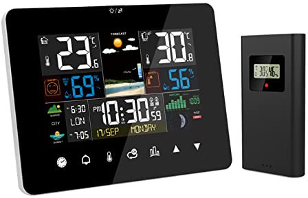 Station Météo Sans Fil, Weytoll Station météo lever et coucher du soleil réveil multifonction thermomètre hygromètre fonctionnement à écran tactile avec capteur extérieur sans fil