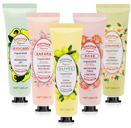 Horuili® Crema Mani Set, Mini Crema Mani, Set crema mani 5 pezzi, Crema mani Idratante e non Grassa per pelli Ruvide e Screpolate (floreale, 30ml)