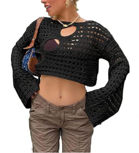ORANDESIGNE Gilets Tricotés Femmes Débardeur Halter Neck Femmes Crop Camisole Crochet Pull en Tricot Streetwear Couleur Solide Top Femme Hauts Y2K Été E Noir M