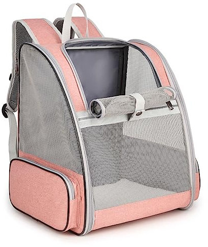 Hykiee Hunderucksack Katzenrucksack, Haustier Rucksack für Kleine Hunde Welpen bis 6kg Katzenbis 8kg, Atmungsaktive und Faltbar Transportbox mit Fenster und Innerer Sicherheitsleine Wandern, Rosa