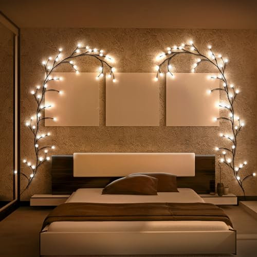 Wopigh Arbres Lumineux LED, Illuminated Murale Interieur Vine Décoration,8 modes lumières des arbres,72 LEDs branchées en vigne éclairée pour coin mural, chambre à coucher(1 paquet)