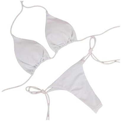 Traje de Baño de Dos Piezas Mujer Acolchada Clásico Ajustable Halter Triángulo Bikini Top Bikini Tanga Brasileño,Blanco, una Yarda