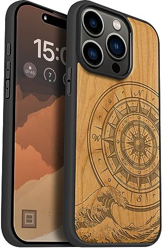 Carveit Holz Handyhülle für iPhone 15 Pro Handyhulle kompatibel mit MagSafe Massivholz für Apple 15 Pro Handyhülle Stoßfeste Stoßstange Weich TPU hulle（Kirschholz-Der Kompass vor Kanagawa Waves）.