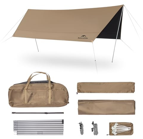Naturehike Cloud Skies Camping Tent Tarp with Poles, Waterproof PU 18000mm+ Rain Shelter, Anti-UV UPF2000+ Camping Sun Shelter Canopy