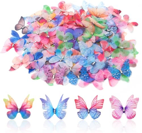 Keboyoe 100 Stück 3D Schmetterlinge Organza mit Strasss Doppellagiger Organza Stoff Schmetterling 4.5cm 3D Schmetterlinge Deko Für Wanddekoration, Kleidung Applikationen, Haarspangen, DIY Dekoration