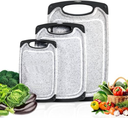 ProBytes Tabla de cortar de polietileno de alta densidad con efecto piedra, mango de goma, ranura para jugo, agujero de paso, no porosa, duradera y sin BPA, fácil de limpiar, preparación de alimentos,