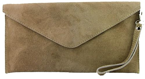 modamoda de T106 - Clutch borsa a tracolla da donna in pelle scamosciata, realizzata a mano in Italia, beige., S