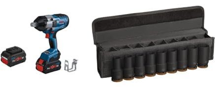 Bosch Professional 18V System BITURBO Akku Drehschlagschrauber GDS 18V-1050 H (2x ProCORE 18V 5.5Ah, Schnellladegerät, L-BOXX-Einlage) + 9x PRO Impact Steckschlüsseleinsatz-Set (96 x 56 mm, Zubehör)
