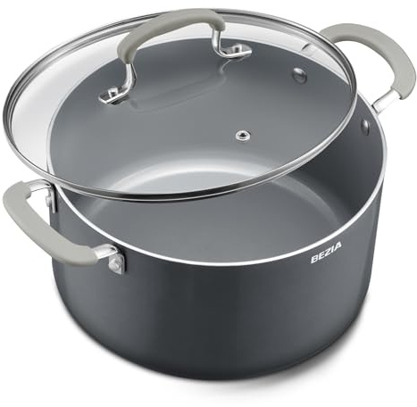 6 Quart Nonstick Stock Pot with Lid - BEZIA Ceramic Soup Pot for Small Families, Induction Cooking Pot with Stay-Cool Silicone Handles, Easy Cleanup, Perfect for Side Dishes, Daily Meals & Camping