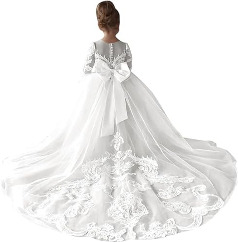 Hongyangjing Abito da bambina con motivo floreale, per matrimonio in stile country, con strascico, in pizzo, da principessa, per la prima comunione, bianco, 12-13 Anni