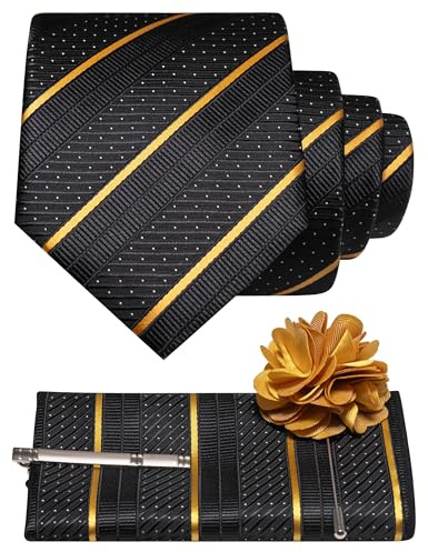 JEMYGINS Mens Gold Striped Tie and Lapel Pin Necktie Pocket Square with Tie Clip Sets for Business Casual 4PCS(14)