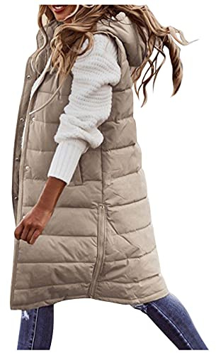 Chaleco Mujer Acolchado Largo Invierno Chaqueta sin Mangas Algodón Chalecos Largos Casual Moda Cardigan Abrigo con Capucha Abrigos Termico Parka Cálido Talla Grande Outwear con Cremallera Otoño