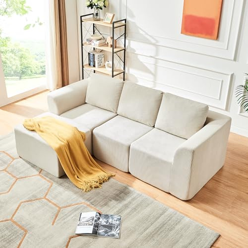 Panana Modular Sectional Sofa with Removable Chaise, Corner Sofa Lounge Sofas For Living Room, No Assembly Required (Beige, 3 Seater & Footstool)