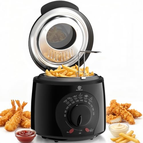 SUPERLEX Friteuse avec huile 1 l Mini friteuse 950 W avec contrôle de la température 0 à 190 degrés Fenêtre de visualisation Panier en acier inoxydable Revêtement antiadhésif pour frites, poulet