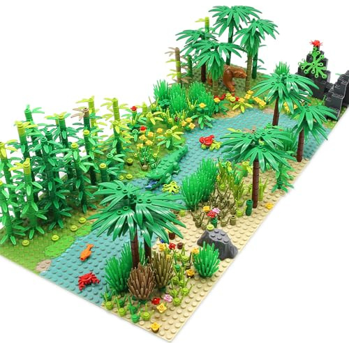 Feleph Dschungel Landschaft Bausteine mit 2 Bauplatten, Regenwald Pflanzen Wald Bäume Blumen Büsche Tiere Zubehör Botanische Kompatibel mit Großen Marken