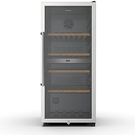 Corberó - Vinoteca CFKWC91SWDZ | 200L | 91 Botellas | Estático Con Ventilador | Doble Zona | Nevera para vino con Luz LED | 4 Estantes de Madera | 45Db | Negro Puerta Cristal