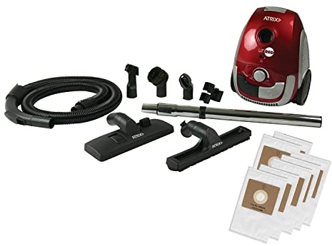 Atrix Red Lil Portable Canister Vacuum Cleaner – Premium Bundle with Extra Filters, Lightweight, 3-Stage HEPA Filtration, 2-Quart Bag, Variable Speed 1200W Motor, 16.5′ Auto-Retract Cord & Tools