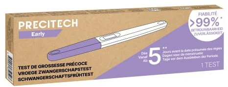 PRECITECH - Test de Grossesse Précoce Ultra-Sensible - Détection 5 Jours Avant les Règles - Résultat Fiable en 3 Minutes - Sensibilité 10 mUI/mL - Facile à Utiliser - Certifié CE