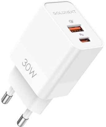 USB C Laddare 30W, GOLDNEXT 2-Ports Snabbladdare Strömadapter, PD/QC 3.0 (PPS 25W) Väggladdare USB-C Charger för iPhone 16/15 Pro Max/15 Plus/14 Pro/13, iPad, Galaxy S24/S23, Google Pixel 9/8 Pro/7/6a
