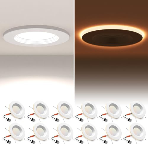 12 Pack 5/6 Inch LED Can Lights with Night Light, Metal 5CCT Retrofit Recessed Lighting Selectable 2700K-6000K Dimmable, 12W=75W, 1200LM Downlight with Metal Smooth Trim - ETL and Energy Star