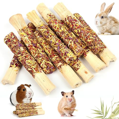 Abizoo Natural Rabbit Chew Toys,10 Sticks Sweet Bamboo Sticks for Rabbits with Petals,Bunny Chew Toys for Guinea Pig,Chinchilla,Hamster Treats Pet Wood Chews Snack Healthy Small Animals Toys for Teeth