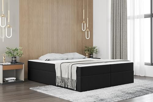 Kaiser Möbel - Bett 180x200 cm, Boxspringbett mit Matratze und Bettkasten, Polsterbett für Schlafzimmer und Jugendzimmer, Gepolstertes Doppelbett mit Stauraum, Kaltschaum Topper - Ruben - Schwarz