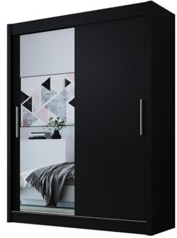 Easy4You D1 150 cm Schwarz Schiebetüren Kleiderschrank 150x200x58 cm mit Spiegel - Schlafzimmermöbel, Aufbewahrung - Mehrzweckschrank