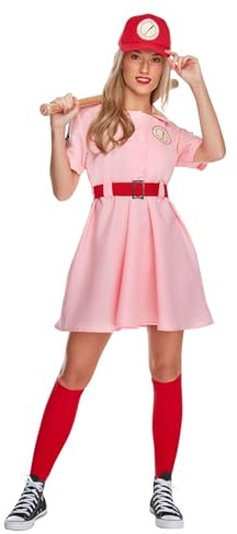 Morph Basebolldräkt Dam Rosa, Damkostym för Damer med Randig Klänning, Rött Bälte, Strumpor & Baseballmössa