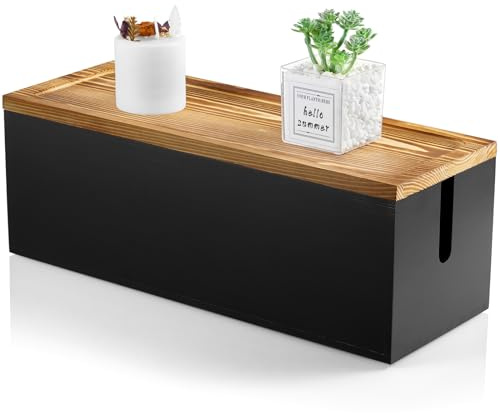 Bivvclaz Large Cable Management Box, Wooden Cord Organizer Box for Desk, Floor, Office to Hide Extension Cords Power Stripes Surge Protectors Chargers Wires, Black